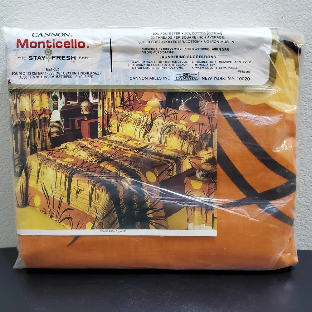 Vintage Cannon Monticello Seagrass 253 Orange Sunset No Iron Twin Flat Sheet NEW